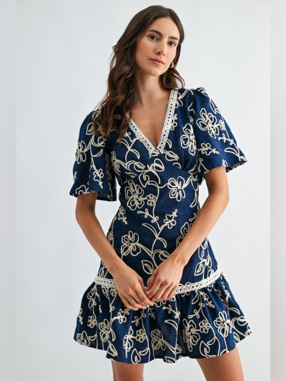 Camellia Navy Embroidered V-Neck Mini Dress